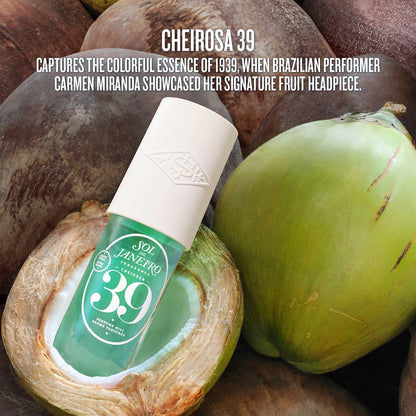 text on image reads &quot;cheirosa 39 captures the colorful essence of 1939, when a brazilian performer carmen miranda showcased her signature fruit headpiece.&quot; this image is of sol de janeiro cheirosa 39 perfume mist inside of a coconut, showcasing the main fragrance note
