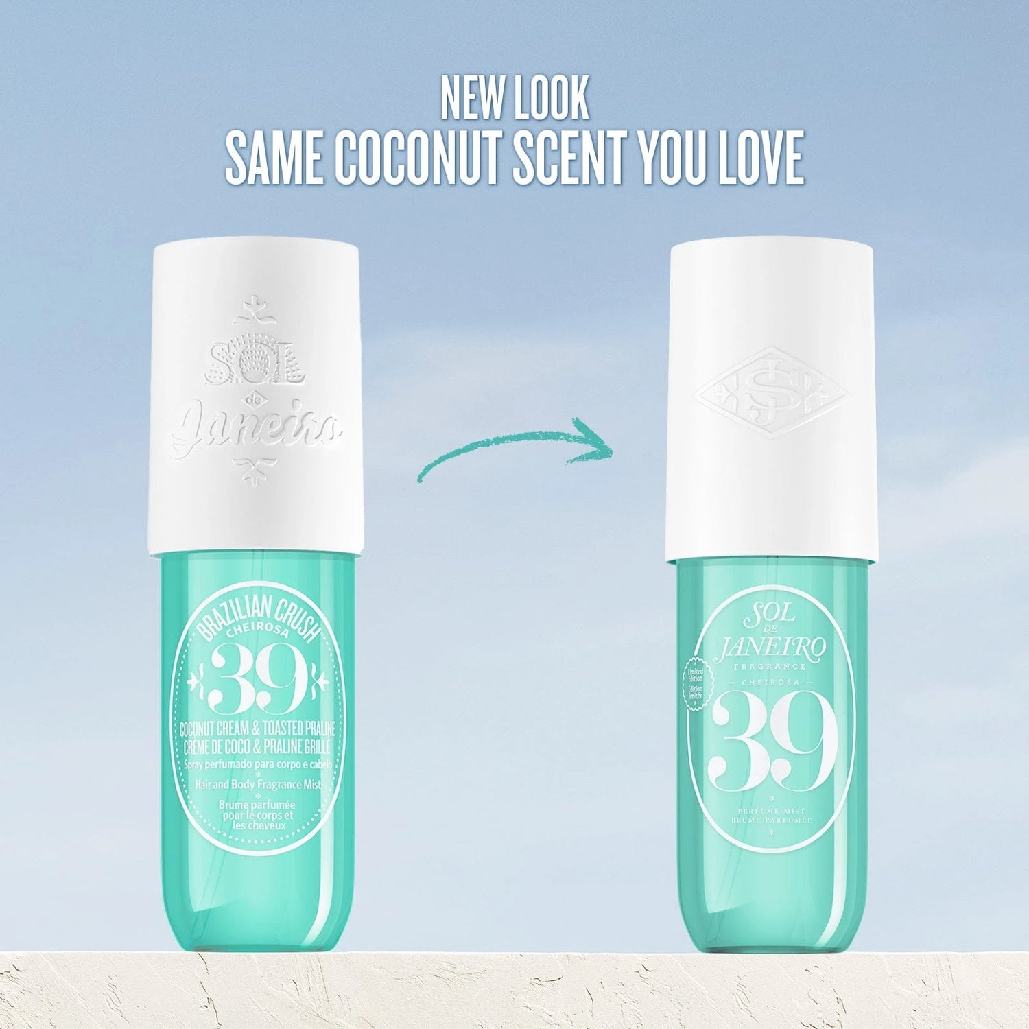 Image on text reads &quot;new look same coconut scent you love&quot; this is showcasing the old packaging cheriosa 39 perfume mist to our new updated render