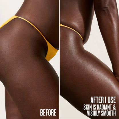 This image is showing a before and after use of Sol de Janeiro Brazilian Bum Bum Cream. On the left side of the image, it is the before image, then on right side of image is the after showing that the skin is radiant and visibly smooth from using Brazilian Bum Bum Cream.

The copy on the image reads: before // after 1 use skin is radiant and visibly smooth 