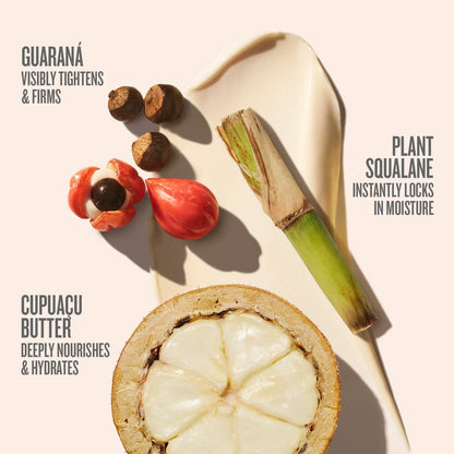 This is an image showing the different ingredients that go into Sol de Janeiro Brazilian Bum Bum Cream. The key ingredients include, Guarana, Plant Squalane, and Cupuacu Butter. 

The copy on the image is as follows: guarana visibly tightens and firms, plant squalane instantly locks in moisture, cupuacu butter deeply nourishes and hydration. 