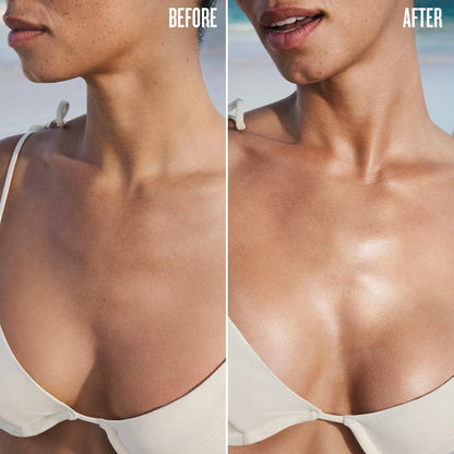 Before and after of a model wearing sol de janeiro glowmotions glow body oil