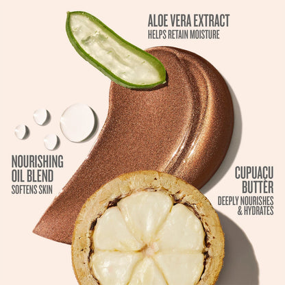 Text on image reads aloe vera extract helps retain moisture, nourishing oil blen softens skin, cupuacu butter deeply nourishes &amp; hydrates. This image is showing a goop swatch of the sol de janeiro glowmotions copacabana bronze shade with key ingredients 