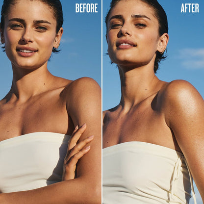 Before and after of a model wearing sol de janeiro glowmotions glow body oil