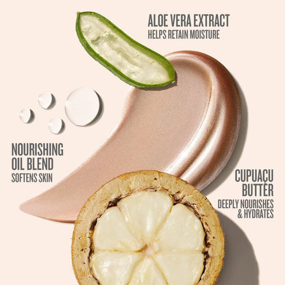 Text on image reads aloe vera extract helps retain moisture, nourishing oil blen softens skin, cupuacu butter deeply nourishes &amp; hydrates. This image is showing a goop swatch of the sol de janeiro glowmotions rio sunset shade with key ingredients 