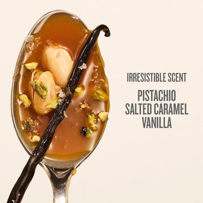 Image on text reads Irresistible scent pistachio, salted caramel, vanilla. this is an image of the scent notes for sol de janeiro cheirosa 62