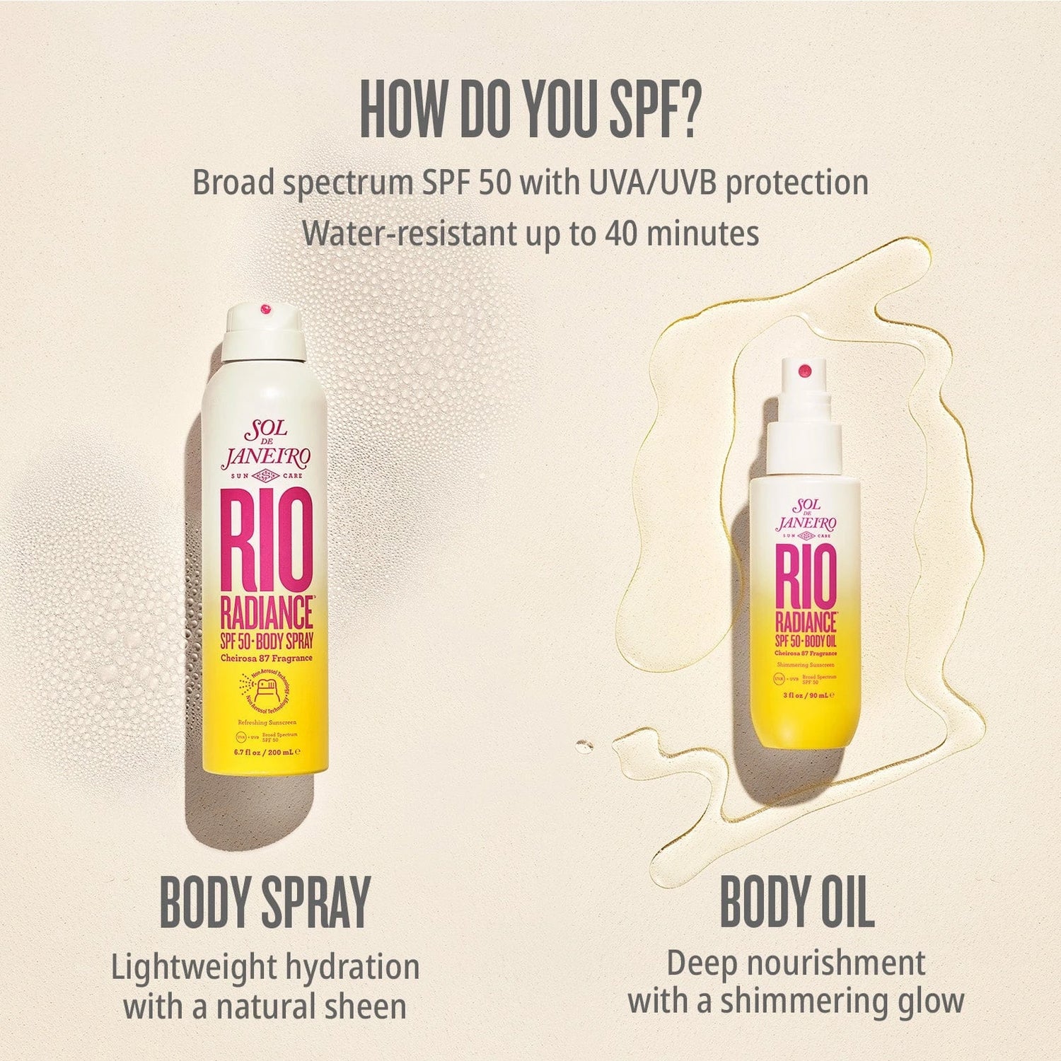 How do you SPF? Broad spectrum SPF 50 with UVA/UBV protection. Water-resistant up to 40 minutes. 
Sol de Janeiro SPF 50 Body Spray - Lightweight hydration with a natural sheen
Sol de Janeiro SPF 50 Body Oil - Deep nourishment with a shimmering glow