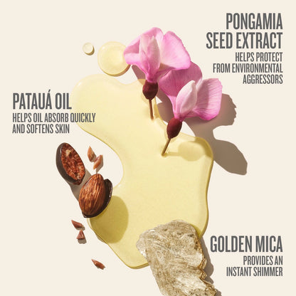 Sol de Janeiro SPF 50 Body Oil ingredients
Pataua oil - helps oil absorb quickly and softens skin
Pongamia seed extract - helps protect from environmental aggressors 
Golden Mica - provides an instant shimmer 