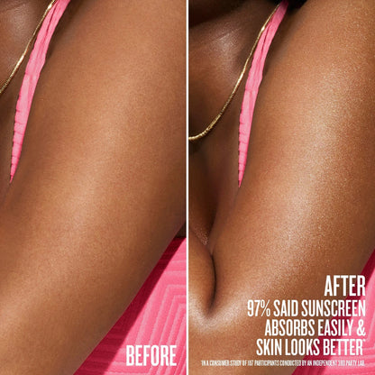 Sol de Janeiro SPF 50 Body Oil before and after image. 97% said sunscreen absorbs easily &amp; skin looks better*. *In a consumer study of 107 participants by an independent 3rd party lab.